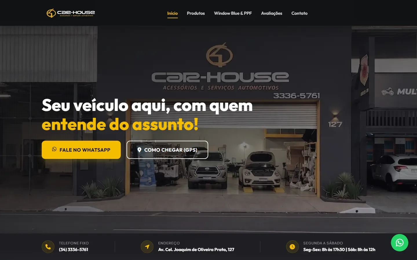 Site da Car House, com a fachada da empresa, seus serviços e acesso ao WhatsApp.